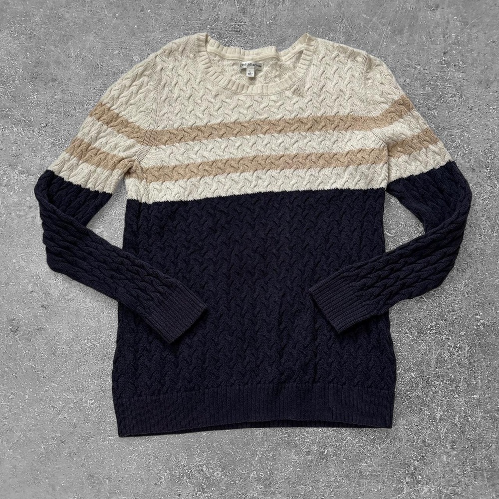 Croft & Barrow Womens Large Blue Cream Striped Cable Knit Cotton Sweater L